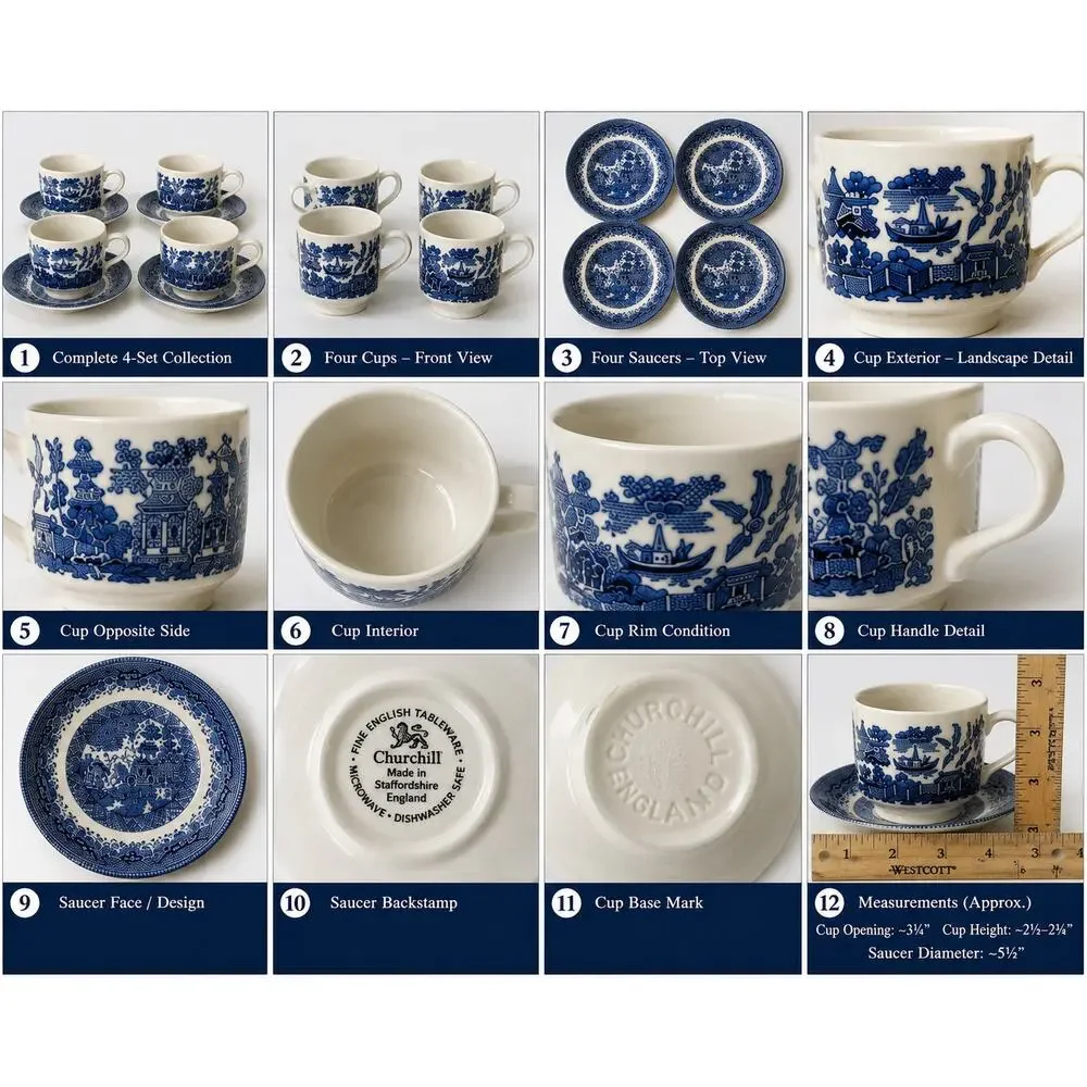Churchill England Blue Willow Cup & Saucer Set of 4